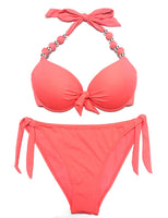 1 x RAW Customer Returns EONAR Women s Side Tied Bikini Sets Detachable Swimwear Push up Bikini Top with Halter Straps S, Living Coral  - RRP €28.24