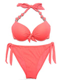 1 x RAW Customer Returns EONAR Women s Side Tied Bikini Sets Detachable Swimwear Push up Bikini Top with Halter Neck L, Living Coral  - RRP €31.0