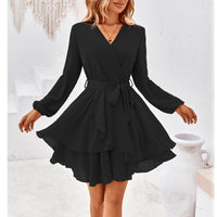 1 x RAW Customer Returns TcIFE Women s Short Dress Long Sleeve Casual V-Neck Tunic Dresses Solid Color Ruffle Mini Dress Swing Skater High Waist Wrap Dress Chiffon, Black, S - RRP €49.99