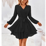 1 x RAW Customer Returns TcIFE Women s Short Dress Long Sleeve Casual V-Neck Tunic Dresses Solid Color Ruffle Mini Dress Swing Skater High Waist Wrap Dress Chiffon, Black, S - RRP €49.99