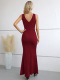 1 x RAW Customer Returns Laughido Cocktail Dress Wrap Dress Elegant Long Evening Dresses Women s Maxi Dress Party Dress Festive Bodycon Wedding Summer Dress Burgundy, Large  - RRP €48.99