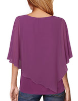 1 x RAW Customer Returns Vafoly Chiffon Blouses for Women Short Sleeve Casual Elegant Tops for Evening Wear Flattering Summer Tunic Women Fashion 2022 Work Casual Double Layer Lightweight Poncho Solid Color Purple M - RRP €31.25