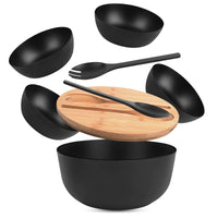 1 x RAW Customer Returns INNOVEST salad bowl with lid bamboo with cutting board, cutlery, salad servers-including 4 serving bowls, fruit bowl-salad bowl-bowl set-snack bowl- 3.5 l, black, 24.9 cm - RRP €45.65