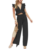 1 x RAW Customer Returns FANCYINN Jumpsuit Women s Two-Piece 2 Piece Crop Top Sexy V-Neck Pants with Side Slit Drawstring Summer Beach Holiday Casual Outfits Black M - RRP €32.98