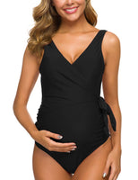 1 x RAW Customer Returns Love2Mi Maternity Swimsuit One Piece Elegant V-Neck Maternity Swimwear Tie Front Bowknot Swimsuit Black XXL - RRP €33.26