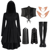 1 x RAW Customer Returns FOVER Renaissance Elf Costume Women s Medieval Gothic Forest Fairy Dress with Hood Long Sleeve Retro Vintage Hooded Dress with Corset Arm Guards Elf Ears Overknee Socks for Carnival Halloween FR037XXL - RRP €30.24