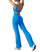 1 x RAW Customer Returns ZAAYO Women s Flared Tight Scrunch Butt Long Sleeveless Backless Sports Jumpsuit Yoga Bodysuit Stretch One Piece Bodysuit, Blue, M - RRP €39.99