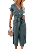 1 x RAW Customer Returns Dokotoo Women s Jumpsuit Elegant Short Sleeve V-Neck Overall Summer Loose Pantsuit Long Playsuit Romper, Green, XL - RRP €40.33