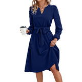 1 x RAW Customer Returns Yageshark Dresses for Women Midi Dress Long Sleeve V-Neck Solid Color Shirt Dress Elegant Casual Women Tunic Dress Navy, M  - RRP €28.99