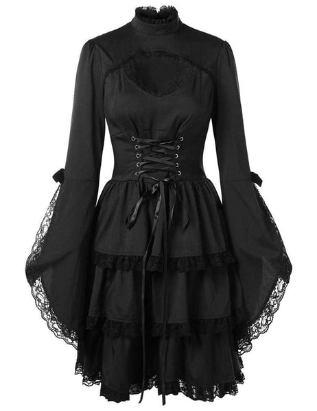 1 x RAW Customer Returns Medieval Dress Renaissance Halloween for Women, Lace Dress, Vintage, Lace-Up, Gothic Lolita, Black, Small - RRP €39.67