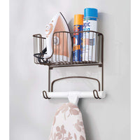 1 x RAW Customer Returns mDesign metal ironing board holder wall mount plus basket for irons and accessories space-saving organization system for hanging up ironing boards silver - RRP €27.19