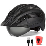 1 x RAW Customer Returns FUNWICT Bicycle helmet with visor for men and women, lightweight bicycle helmet with magnetic glasses and USB charging LED light, stylish mountain bike helmet M 54-58 cm, black  - RRP €50.99