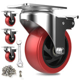 1 x RAW Customer Returns Swivel castors 4 pieces transport castors with safety lock 125mm wheels for furniture silent heavy-duty wheels with polyurethane rubber coating 360 degree rotatable 800Kg total capacity red  - RRP €38.48