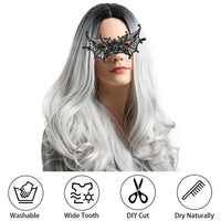 18 x Brand New RANJIMA Wig Women Costume Set, 70cm Wig Ladies Grey Long, Set of 8 Grey Long Wavy Curly Hair, Carnival Wig Grey Long with Hairnet Earrings Lace Necklace Mask Gloves for Carnival - RRP €181.26