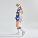 1 x RAW Customer Returns LOLANTA 4 Pieces Girls Hip Hop Dance Costume Kids Sequins Jazz Dance Clothing Set Socks Attached, Blue, 6-7 Years, 130 - RRP €41.98