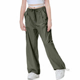 1 x RAW Customer Returns Rolanko Girls Baggy Paratrooper Pants, Vintage Y2K Joggers with Adjustable Elastic Waist for Kids, Green, Size 160 - RRP €33.99