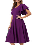 5 x Brand New bridesmay Grape Purple Midi Cocktail Dresses for Women Sexy V-Neck 50s Retro Petticoat Pleated Skirt Festive Elegant Evening Dresses With Sleeves Swing Party Dresses Grape S - RRP €138.0