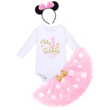 1 x RAW Customer Returns Toddler Baby Girls 1st 2nd 3rd Birthday Disney Minnie Outfit Cotton Long Sleeve Romper Princess Polka Dots Tulle Tutu Mouse Ear Headband 3-Piece Clothing Set Pink-My 1st Birthday 1 Years - RRP €20.82