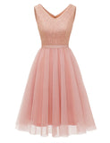 1 x RAW Customer Returns Meetjen Sequin Dress Short Women s Tulle Cocktail Dress V-Neck Party Dress A-Line Festive Dress for Wedding Guests Sleeveless Blush XL - RRP €55.45