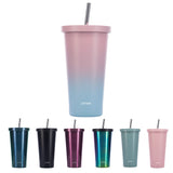 1 x RAW Customer Returns LoFone Insulated Thermal Mug with Straw, 500ml Double Walled Thermal Mug, Stainless Steel Coffee Cup for Icy or Hot Drinks Pink-Blue  - RRP €16.16