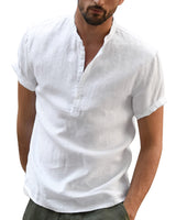 1 x RAW Customer Returns YAOBAOLE Men s Linen Shirt Short Sleeve Mao Collar Summer Shirt Lightweight Cotton Linen Beach Shirt Classic Casual Henley Shirt White L - RRP €30.07