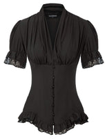 1 x RAW Customer Returns Women s Gothic Pleated Shirt Tops Renaissance Short Puff Sleeve V-Neck Blouse Black L - RRP €30.24