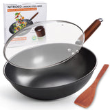 1 x RAW Customer Returns Wok pan with lid, 33cm carbon steel wok pan for stirring and frying with wooden spatula, carbon steel wok, nitrided non-stick Chinese wok with flat bottom for induction, electric or gas stove - RRP €49.4