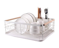 1 x RAW Customer Returns Kitchenista Metal and Bamboo Dish Rack with Drainer, Dish Drainer and Removable Cutlery Holder White  - RRP €27.23