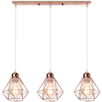 1 x RAW Customer Returns TOKIUS 3-light pendant light retro hanging lamp with geometric design 16CM lampshade E27 lamp made of iron cage rose gold hanging light for dining table kitchen pendant lamp, beam  - RRP €38.3