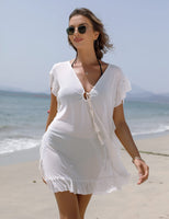 1 x Brand New Irevial Women s Beach Cover-ups V Neck Transparent Beach Swimsuit Cover Ups Sexy Short Sleeves Bikini Cover Up Fishnet Beach Dress Swimsuit Coverups with Drawstring White XL - RRP €24.0