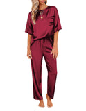 1 x RAW Customer Returns Ekouaer Pajamas Women Satin Short Sleeve Pajamas Set Women 2 Piece Sleepwear Long Pants, Wine Red, S - RRP €29.99