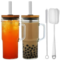 1 x RAW Customer Returns ALINK 2pcs 710ML Cups with Handle, Lid and Straw - Reusable Mason Jar Drinking Glasses for Iced Coffee, Smoothies, Beer, Juice and Tea - with 2 Brushes - RRP €19.15