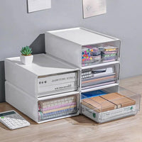 1 x RAW Customer Returns OSTWOLKE 2 Pack Desk Drawer Box A4 Large, Office Organizer Plastic with Drawers Stackable, Storage Box with Drawer for Stationery and Other Office Accessories, Transparent White - RRP €37.99