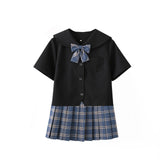 1 x Brand New DRGE Girls Jk Uniform Set,Japanese School Uniform,High Waist Plaid Pleated Short Skirt,Black Shirt with Calf Socks,34 - RRP €38.99