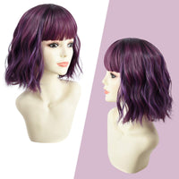 1 x RAW Customer Returns PARXITN Short Bob Wig with Bangs Natural Ombre Purple Wig Synthetic Hair Colorful Daily Party Halloween Cosplay Wavy Curly Wigs for Women - RRP €26.21