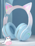 1 x RAW Customer Returns OHAANYY Bluetooth Headphones Kids, Cat Ears Foldable Girls Headphones Over Ear, Children s Headphones Bluetooth Wireless with LED Light Cat Ears and Microphone for School Tablet Cell Phone PC Blue Pink  - RRP €22.99