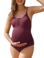 1 x RAW Customer Returns Summer Mae One-piece Maternity Swimsuit Round Neck with Button Wine Red S - RRP €39.99