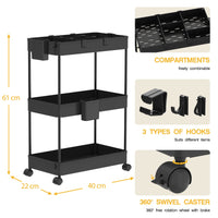 1 x RAW Customer Returns SPACEKEEPER 3 Tier Niche Shelf on Wheels for Laundry Bathroom Kitchen Trolley with 6 Hooks and 2 Containers Black - RRP €24.26