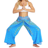 1 x RAW Customer Returns Nuofengkudu Women s Summer Trousers Hippie Long Trousers with Slit Loose Wide Leg Palazzo Colorful Flowy Yoga Trousers Airy Elegant Light Leisure Summer Beach Holiday Blue Peacock, Size M, Label S M  - RRP €24.99