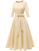 1 x RAW Customer Returns DRESSTELLS women s dresses for wedding guests 1950s retro dress elegant swing A-line cocktail dress with belt retro pleated skirt knee-length midi length champagne L - RRP €52.99