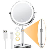 1 x RAW Customer Returns Gospire Rechargeable Cosmetic Mirror with Light, 1X 10X Magnification, 3 Colors Dimmable Height Adjustable 7 Makeup Mirror, 360 Swivel Double-Sided LED Makeup Mirror, Chrome - RRP €40.33