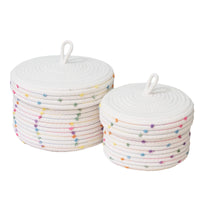 1 x RAW Customer Returns Aplolemo 2 pieces cotton rope basket with lid, decorative woven baskets with lid, small basket with cute colorful pompom, storage baskets with lid, 25 x 14 cm 21 x 12.5 cm  - RRP €28.99