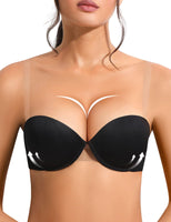 1 x RAW Customer Returns YANDW Push Up Strapless Bra Multiway Super Padded Add 2 Cup Support with Transparent Straps Underwire Lace Demi Bra Black 36C - RRP €44.36