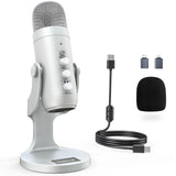 1 x RAW Customer Returns zealsound USB Microphone, k66 Silver Podcast Microphone for PC Mobile Phone PS4 5, with Noise Cancelling Mute Echo Volume Knob, for Gaming, Recording, Streaming, Youtuber, Compatible with Mac, Windows, Android - RRP €47.33