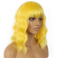 1 x RAW Customer Returns LANCAINI Wavy Wig With Bangs Women s Short Wigs Curly Wavy Bob Synthetic Cosplay Wig for Girls Daily Use Colorful Wigs Yellow  - RRP €20.2