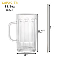 1 x RAW Customer Returns ZENFUN Glass Beer Mug with Handle Stainless Steel Straws, 400ml Clear Stone Water Cup Heavy Bottom Pub Drinking Mug for Wine Juice Iced Tea - RRP €28.99