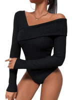 1 x RAW Customer Returns GORGLITTER Women s Lightweight Rib Knit Bodysuit T-Shirt Bodies Long Sleeve Slim Top with Asymmetrical Collar Black L - RRP €28.22