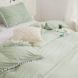 1 x Brand New Pom Pom Duvet Cover Set, Plain Farmhouse Bedding Set with White Fringe Ball, Ultra Soft and Breathable Washed Microfiber Duvet Cover - 3 Pieces Green, 135x200cm 50x75cm 1  - RRP €25.4