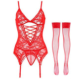 1 x Brand New HOTSO Women s Lace Garter Lingerie Set, Boudoir Outfits Garter Lingerie Set Nightwear Babydolls Thigh Woman Hollow Bodysuit Crisscross with Bandage Silk Stockings Christmas New Year - RRP €27.6