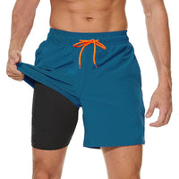 1 x RAW Customer Returns Ougelebo men s swim shorts with compression, men s shorts, 2 in 1 quick-drying swim shorts, men s swim shorts with zipper, board swim shorts, peacock blue, XXL - RRP €30.99